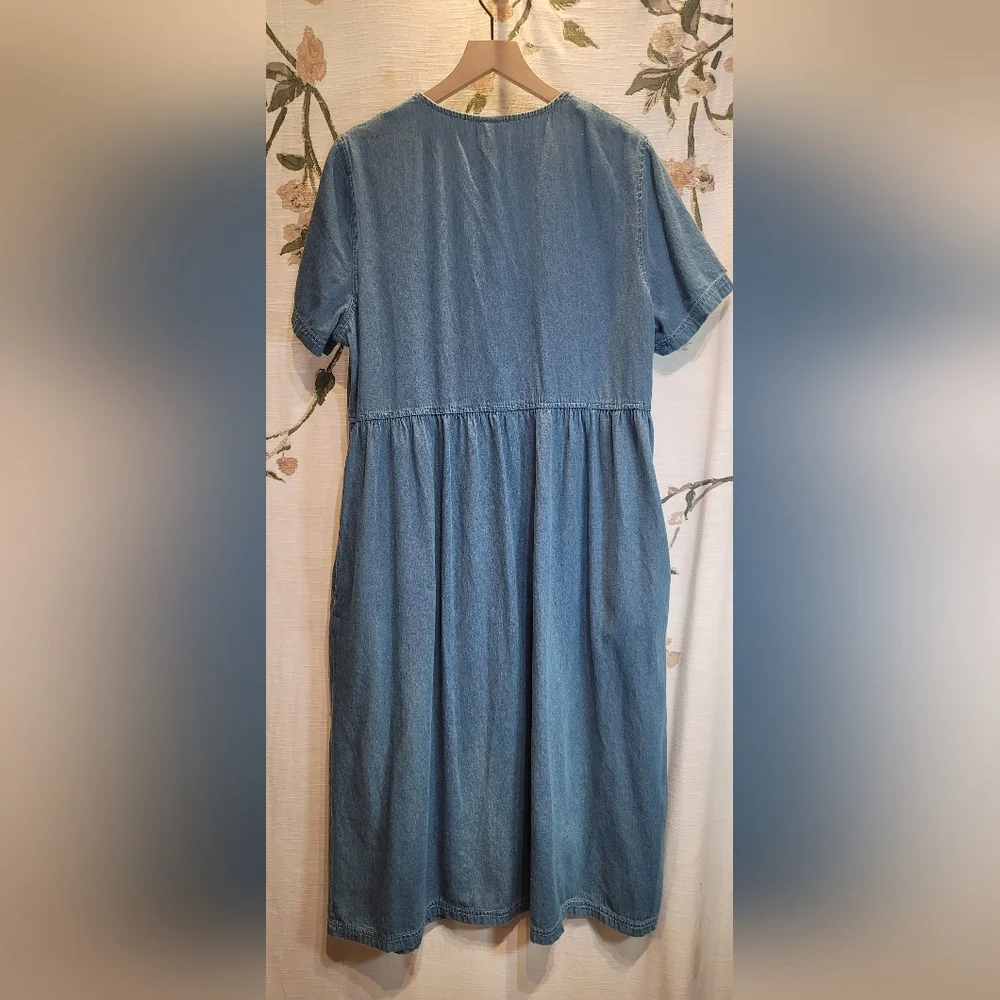 Blair Size Large Button Down Pockets Denim Shift Midi Blue Sundress Cottagecore - Picture 9 of 10